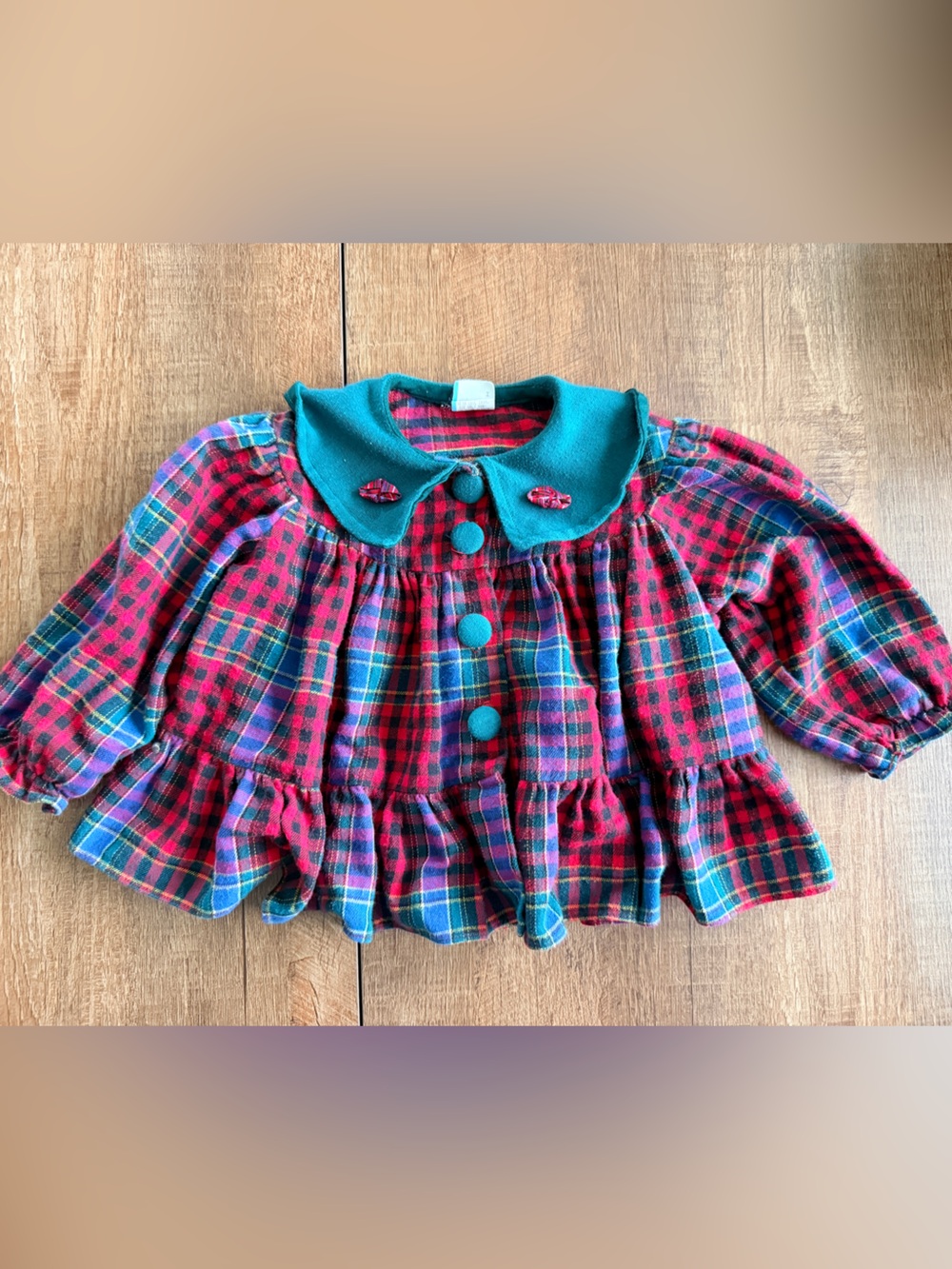 Baby Girl Red and Teal Plaid Ruffle Top with Teal Collar